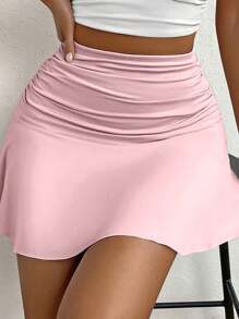 Zolique 女式纯色腰部褶饰时尚迷你裙 - 粉色 - 查看 5
