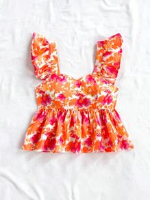 Soleia 女士度假粉色花卉印花盖袖衬衫，清爽春夏 - 橘色 - 查看 3