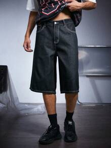 PAVTROS Manfinity Streetrush Men's Casual Washed Loose Denim Shorts - Black - View 1