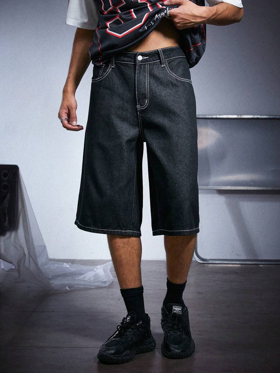 PAVTROS Manfinity Streetrush Men's Casual Washed Loose Denim Shorts - Black - View 1