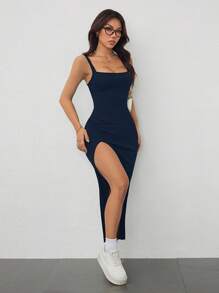 SHEIN PETITE Đầm dài ôm xẻ cao, dây đeo vai bản rộng, chất liệu thun gân co giãn cao dành cho nữ - Màu xanh hải quân - Xem 6