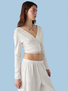 COUREZ Pointelle Long Sleeve V Neck White Wrapping Top Y2K Vintage 100%Cotton