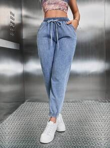 SHEIN SXY Women's Casual Blue Denim Jeans: Long, Relaxed Fit With Drawstring Waist And Pocket Details