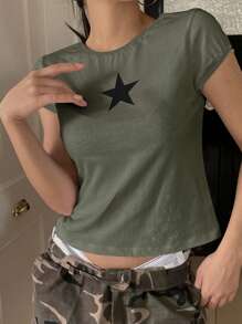 DAZY 女士星形图案短款 T 恤 Y2k - 軍綠色 - 查看 2