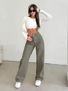 EURMUSE High Rise Straight Pink Jeans, Fashionable Suitable For Summer - Army Green - View 5