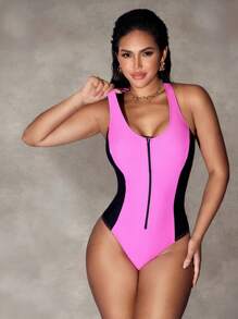 SHEIN Swim Tummy Control Front Zipper Color Block One-Piece Swimsuit For Women For Summer Beach Vacation