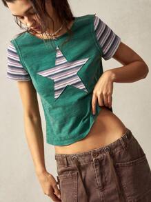 Bohemela BOHO Fitted Women's T-Shirt With Solid Color Knit Round Neck, Patchwork Star Print, Short Sleeve, Rustic Style