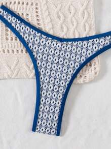 SHEIN Swim 2 件套女士夏季海滩蓝色底白色网眼吊带上衣和三角比基尼泳裤泳衣 - 藍色 - 查看 7