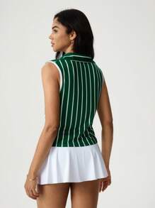 Hanevo Polo Neck Green Striped Retro Style Women Top Sportwear For Daily Wear - Green - View 2