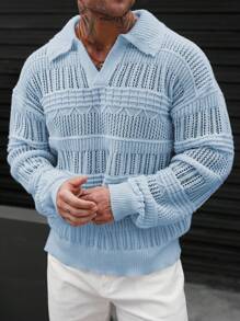 Manfinity Homme Men's Solid Color Drop Shoulder Long Sleeve Hollow Out Casual Sweater - Blue - View 3