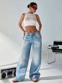 RueChic Low Waist Vintage Wash Wide Leg Jeans, Fashionable For Summer