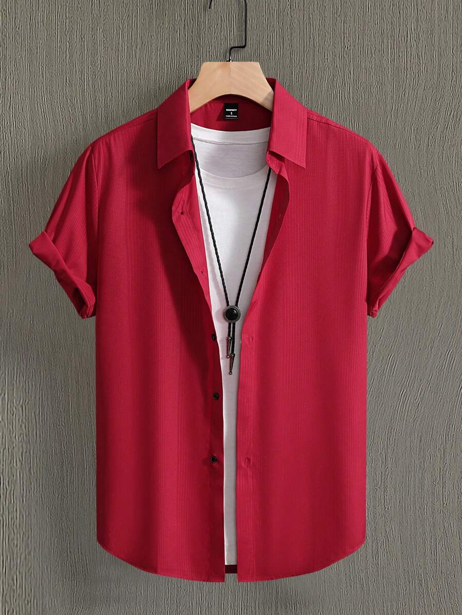 Manfinity Homme Men's Solid Color Short Sleeve Single-Breasted Casual Shirt - Red - View 1
