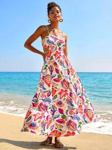 Travachic Woven Printed Sleeveless Hollow-Out Dress For Women, Spring/Summer Vacation