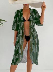 SHEIN Swim Women's Tropical Plant Printed Belted Beach Bikini Cover Up For Summer