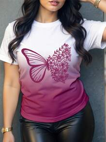 VaVaBold Women's Butterfly & Floral Print Round Neck Short Sleeve Casual Versatile T-Shirt
