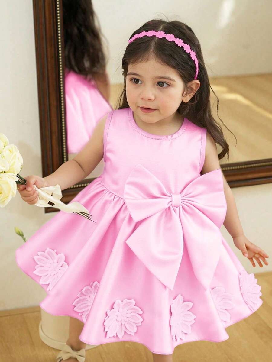 Baby Girls' Elegant High-Low Dress With Exquisite Bow & Floral 3D Decorations, Creating A Luxurious Visual Effect Suitable For Multiple Occasions - Coral Pink - View 1