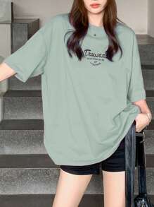 DAZY Women's Slogan Print Oversized Short Sleeve T-Shirt With Round Neckline, Thousand MASTERPIECES OF LABORER Summer Easter - Green - View 3