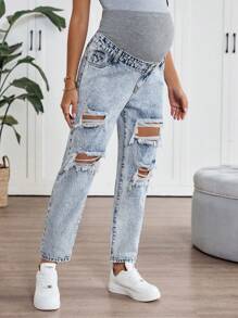 SHEIN Maternity Knitted Belly Support Grey & Blue Distressed Denim Fitted Ripped Jeans ,Beach Outfits For Maternity, Mother Day/Mom/Mother/ Mommy/Mother's Day/Mama/Mum/Mother's Day Gift - Blue - View 5