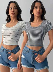 RueChic Damen Multipack Weich Gestreift Rundhals Lässig Passform T-Shirt