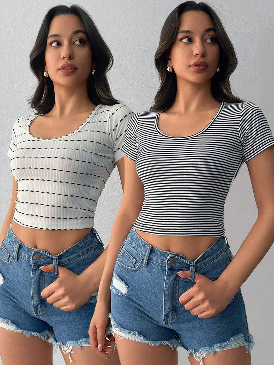 RueChic Damen Multipack Weich Gestreift Rundhals Lässig Passform T-Shirt