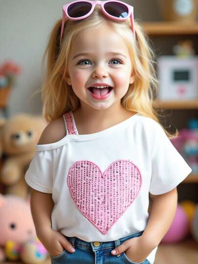 SHEIN Young Girl Knit Solid Color Cami Casual T-Shirt, Beaded Embroidery, Mommy & Me