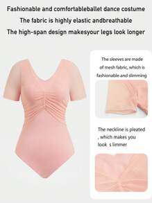 Dansine Women's Short Sleeve Tight-Fitting Ballet Leotard, Adult Gymnastics/Dance Tight-Fitting Top, Solid Color With Sexy V-Neck Mesh Accent, Ballet Dance Costume, Short Sleeve Dress