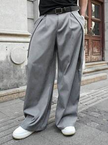 Manfinity EMRG Pantalones anchos japoneses de 2 en 1 con diseño de nicho, sueltos y de pierna ancha, regalo para novio, pantalones largos y holgados de color gris sólido para el esposo, otoño - Gris Claro - Ver 1