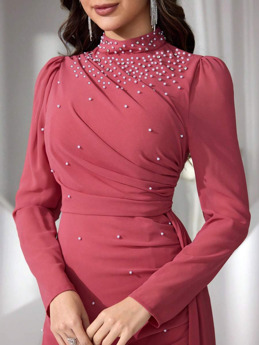 Coutiva Women Stand Collar Faux Pearl Long Evening Gown, Wedding Guest Dress Dress, Party Dress, Formal Dress