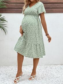 SHEIN Váy hoa giản dị cổ chữ V cho bà bầu đi nghỉ - màu xanh lá - Xem 4