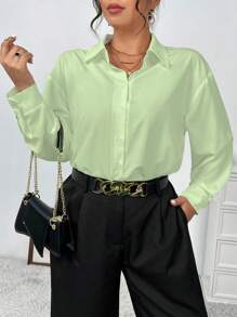 Elenzga Plus Size Women Solid-Color Woven Long Sleeve Casual Elegant Office Lady Blouse, For Thanksgiving Women Shirt