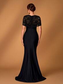 Serin Summer Elegant Romantic Gorgeous Black Sequin Embroidery Stitching Elastic Knitted Sweetheart Neck Twisted Shawl Sleeves Gathered Pleated Slim Fishtail Hem With A Small Train Suitable For Dinner Bachelorette Party Date Holiday Dance Music Festival Wedding Event Bride Mother Dress, Valentine's Day - Black - View 3