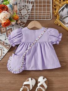 2pcs/Set Baby Girls Ivory Round Neck Frilled Hem Short Sleeve Top With Zipper And Floral Trim, Cute & Comfortable For Spring/Summer/Autumn - Purple - View 2
