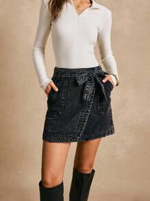 Poéselle Pocket Side Wrap Belted Skirt - Black - View 6