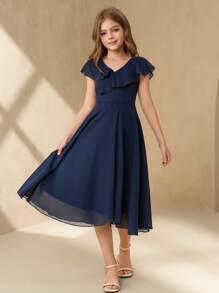 SHEIN 少女优雅简约时尚 V 领荷叶边无袖高腰中长款纯色雪纺蓝色连衣裙，夏季女童毕业/婚礼花童礼服