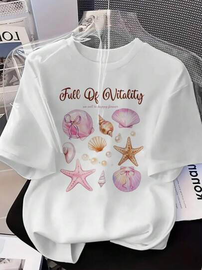 女士沙滩海星与贝壳印花白色圆领短袖T恤
