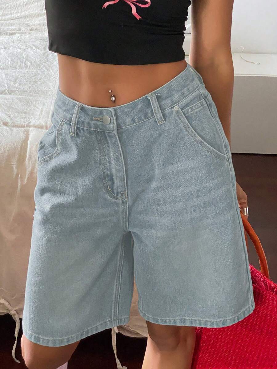 Livesso 女式猫须做旧直筒七分牛仔短裤 - 藍色 - 查看 1