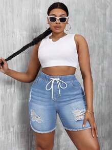 SHEIN SXY Plus Size Casual Vakantie Zomer Denim Shorts met Trekkoord en Elastische Taille