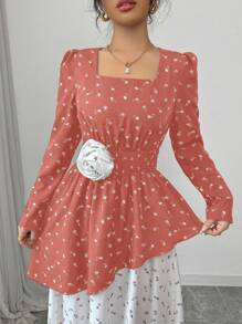 Chiquease Women Square Neck Black & White Ditsy Floral Colorblock Elastic Waist Long Dress, Spring & Autumn Fall Cloth For Women - Orange - View 5