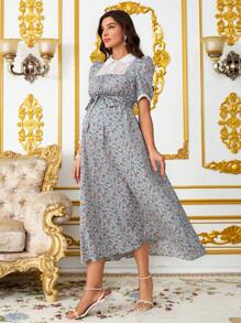 SHEIN Abito mini elegante con fiori minuti e pizzo a contrasto per donne in gravidanza, abiti eleganti estivi da donna, abito fluido estivo da maternità