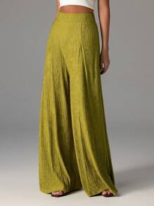 Firerie 女士优雅休闲纹理高腰阔腿裤，适合海滩装、机场装、裤子 - 橄欖綠 - 查看 6