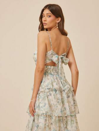 L'Amorae 优雅碎花无袖雪纺层叠系带荷叶边下摆侧开衩长裙。婚礼宾客礼服，女士夏季服装，度假服装