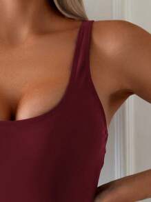 Swim Lushoire 1 件女士连体泳衣，细肩带纯色，时尚，适合夏季 - 酒紅色 - 查看 4