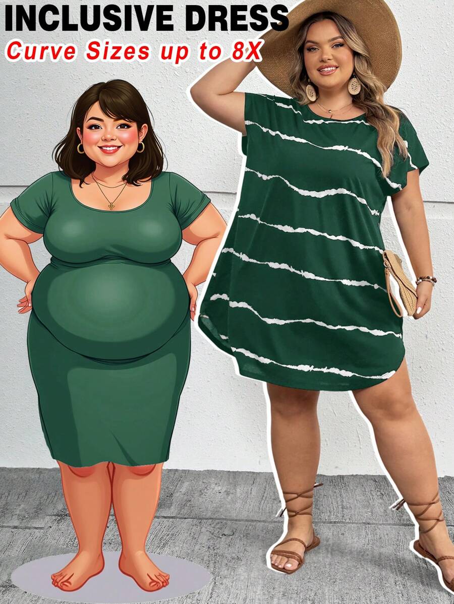 SHEIN CURVE+ 大码女式休闲黑白条纹紧身连衣裙，侧开衩，基本款 T 恤连衣裙，条纹连衣裙，春夏 - 綠色 - 查看 1