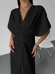 Firerie 女士优雅简约精致浪漫迷人日常、斋月、情人节、派对、节日 V 领褶皱腰露背系带 A 字长裙，白色 - 黑色 - 查看 6