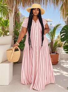 Slaydiva 大码/西式女装条纹短袖衬衫裙，简约时尚 - 彩色 - 查看 1