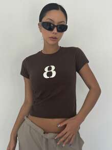 DAZY 數字印花圓領t恤 - 咖啡棕 - 查看 4