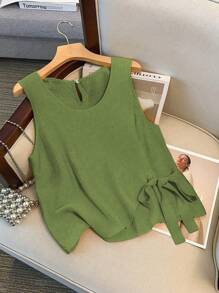 GlowEve CURVE Áo sơ mi cổ bẻ buộc phía trước không tay màu trơn cho kỳ nghỉ thường ngày, trang phục mùa hè cho nữ - màu xanh lá - Xem 5