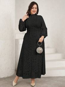 Veilorie Plus Size Elegant Solid Color Jacquard Lantern Sleeve Dress - Black - View 8