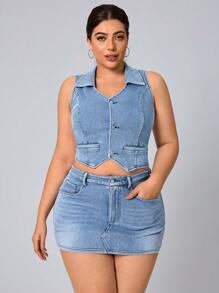 SHEIN Essnce Plus Size Women Fitted Minimalist Denim Jacket - Blue - View 4