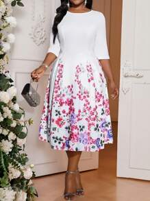 SHEIN Lady Plus Size Vrouwen Eenvoudige Bloemenprint Ronde Hals Lange Mouw Casual Jurk Winter Elegante Vier Seizoenen Herfstjurk Feestjurk voor Dames Elegante Damesjurk Kant Lange Mouw Maskeradejurk Concertjurk voor Dames Korte Jurk Valentijnsdag Nieuwjaar Feestjurk Rozenbloemjurk Paasjurk Dames Bruiloftsgastjurk Dames Vakantie Boho